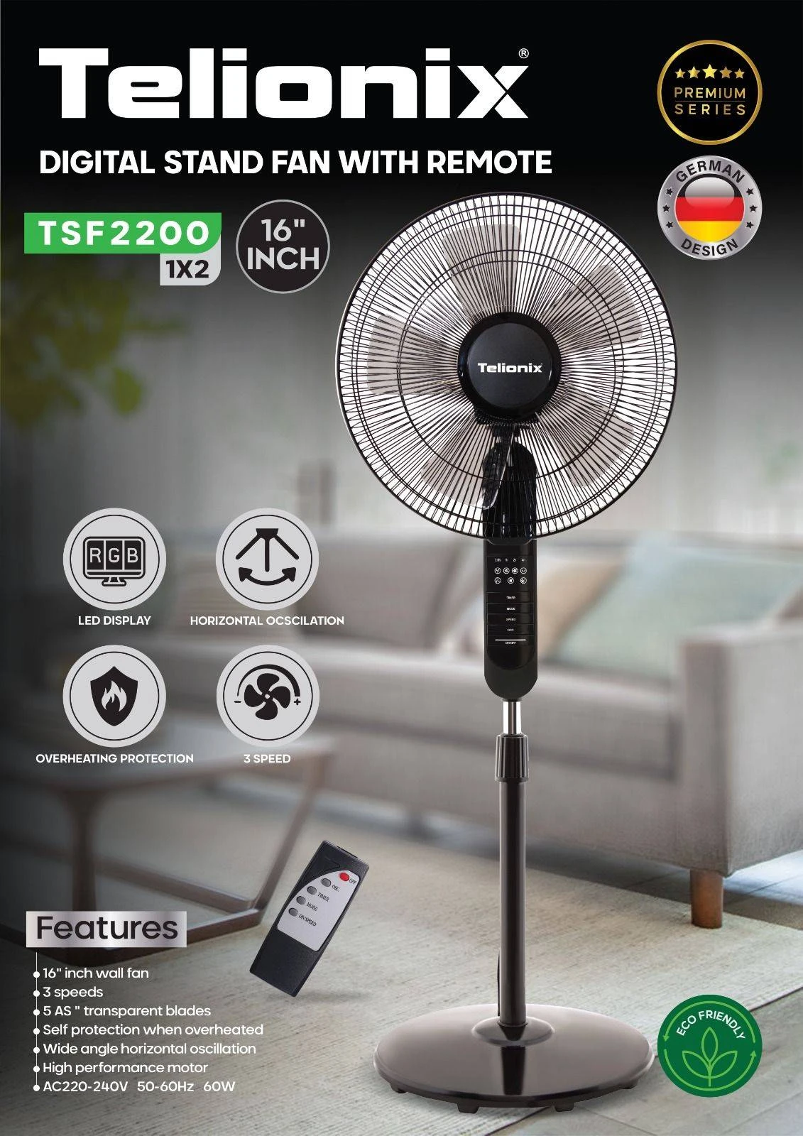 پنکه ایستاده دیجیتال تلیونیکس مدل TSF2200 با ریموت کنترل 16 اینچ